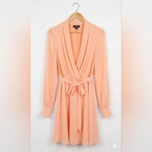 bebe Peach Chiffon Long Sleeve Wrap Mini Dress - Size S